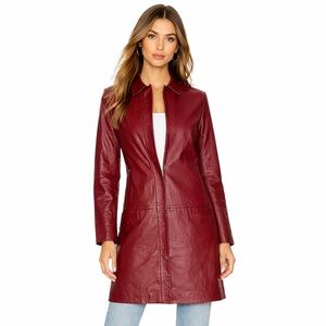 Halogen Burgundy Leather Coat XS Genuine Leather Minimalist Longline Jacket